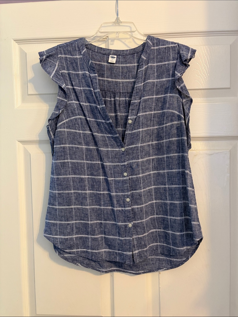 Button-Front Blue Plaid Sleeveless Top